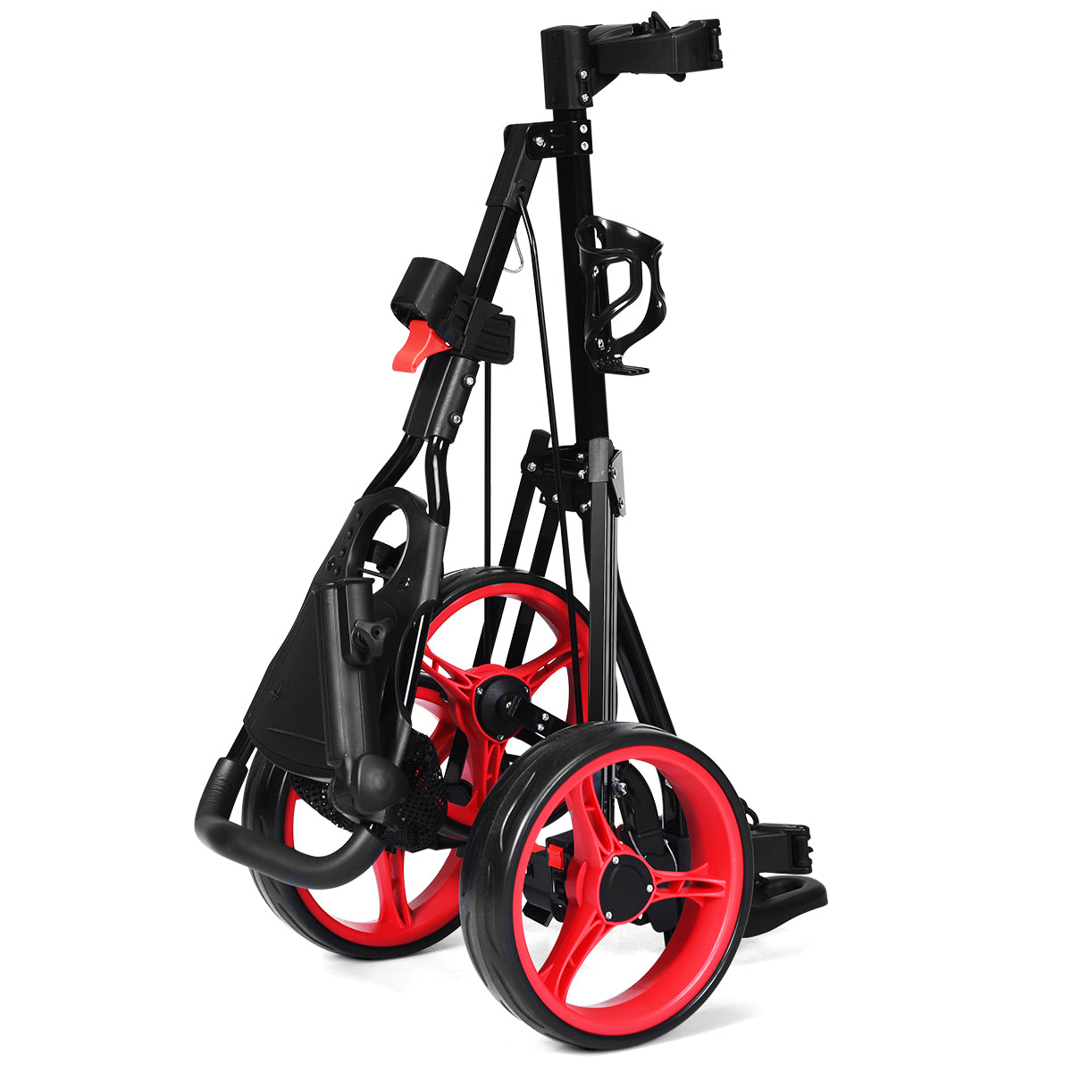 Topbuy 3-Wheel Foldable Push Pull Club Trolley Golf Cart With Seat Scoreboard Bag Red