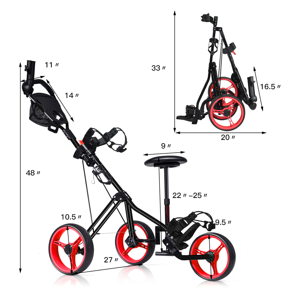 Topbuy 3-Wheel Foldable Push Pull Club Trolley Golf Cart With Seat Scoreboard Bag Red