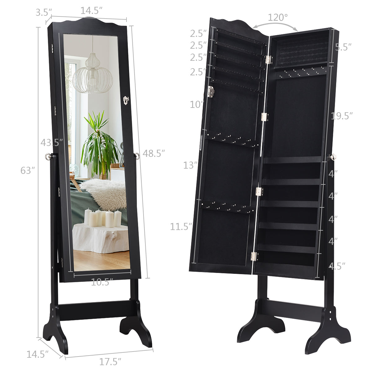Topbuy Lockable Mirrored Cabinet Jewelry Organizer Dressing Mirror Black