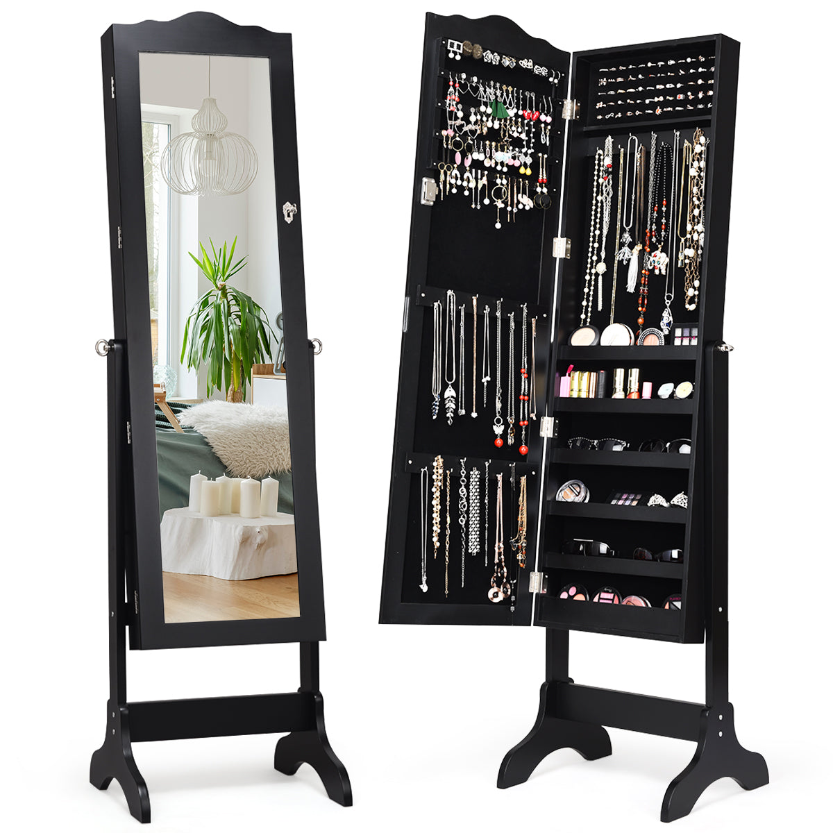 Topbuy Lockable Mirrored Cabinet Jewelry Organizer Dressing Mirror Black