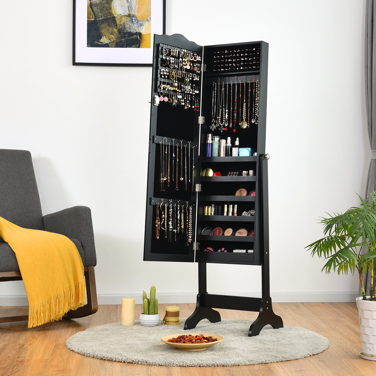 Topbuy Lockable Mirrored Cabinet Jewelry Organizer Dressing Mirror Black