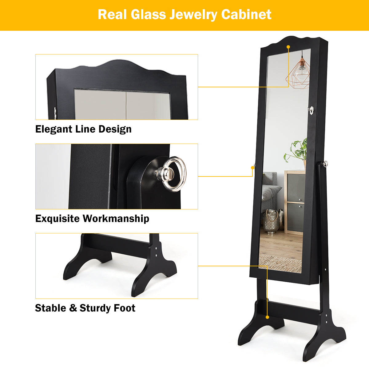 Topbuy Lockable Mirrored Cabinet Jewelry Organizer Dressing Mirror Black