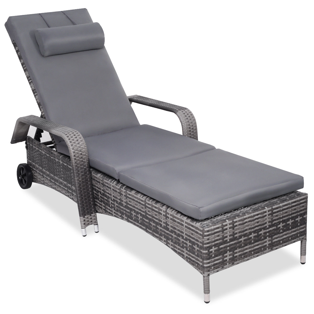 Patiojoy Adjustable Rattan Wicker Reclining Chair Wheeled Patio Chaise Lounge Gray