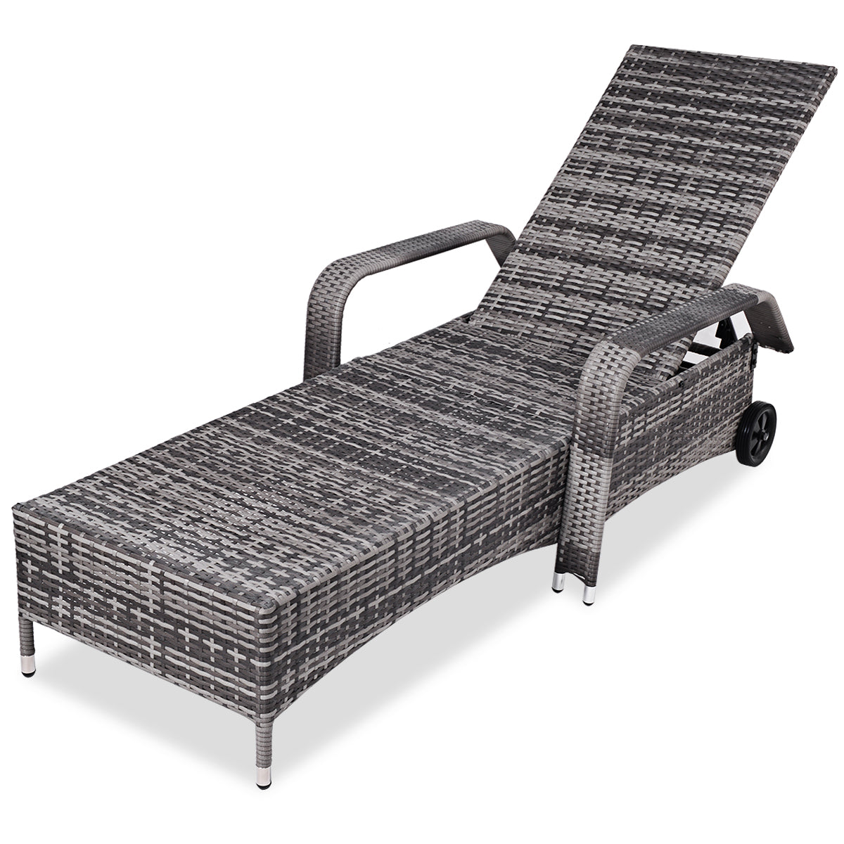 Patiojoy Adjustable Rattan Wicker Reclining Chair Wheeled Patio Chaise Lounge Gray