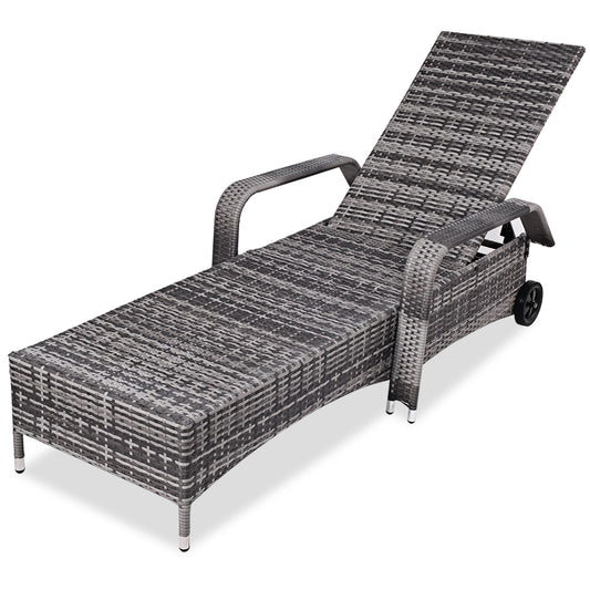 Patiojoy Adjustable Rattan Wicker Reclining Chair Wheeled Patio Chaise Lounge Gray
