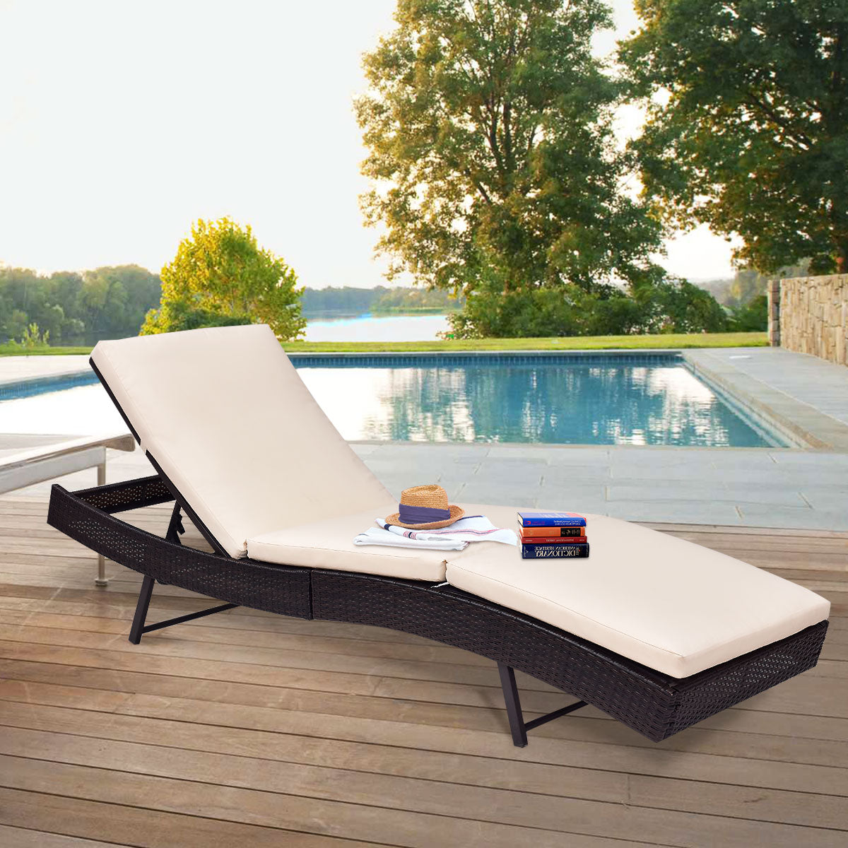 Patiojoy Adjustable Rattan Wicker Recliner Chair Sunbed Recliner w/ Cushion Pillow