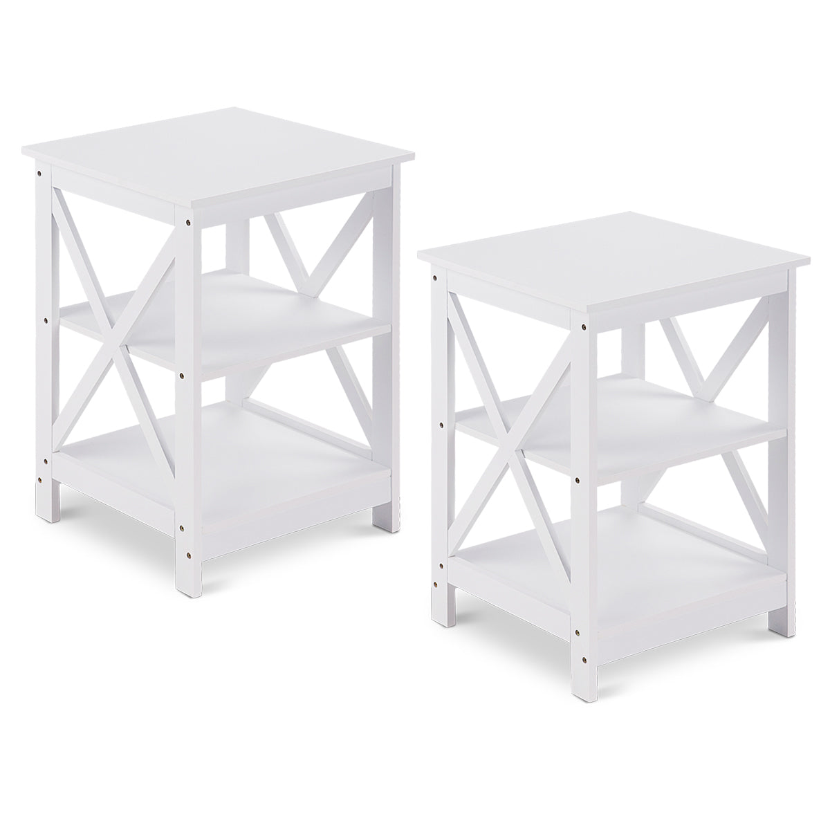 Topbuy 2PC 3-Tier Bedside Cupboard Nightstand End Table Storage Display Shelf for Living Room White