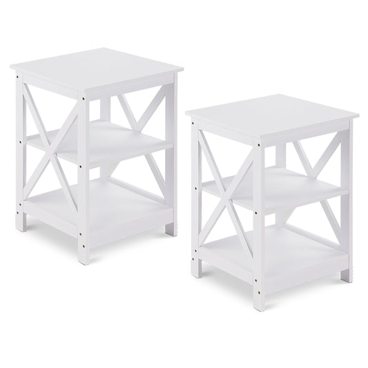 Topbuy 2PC 3-Tier Bedside Cupboard Nightstand End Table Storage Display Shelf for Living Room White