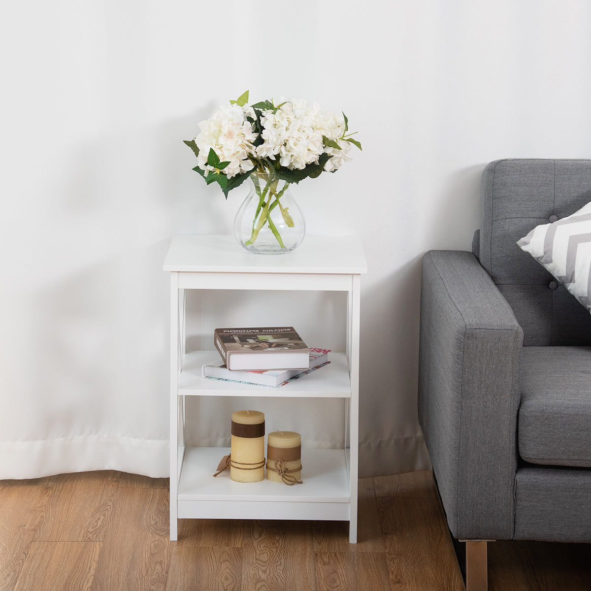 Topbuy 2PC 3-Tier Bedside Cupboard Nightstand End Table Storage Display Shelf for Living Room White