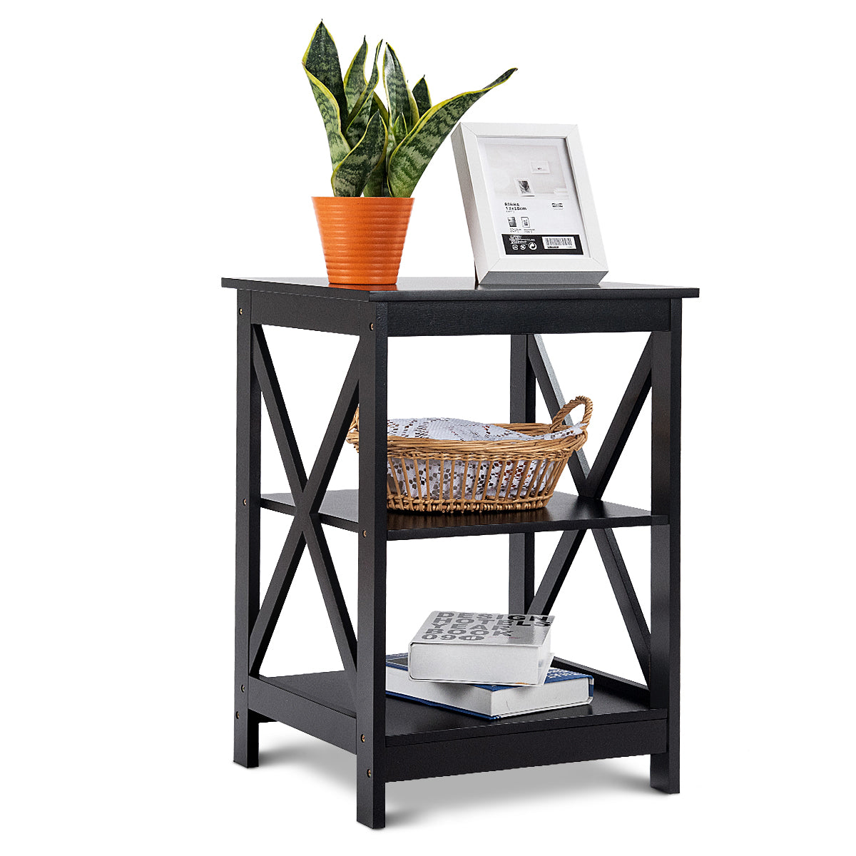 Topbuy 2PC 3-Tier Bedside Cupboard Nightstand End Table Storage Display Shelf for Living Room White