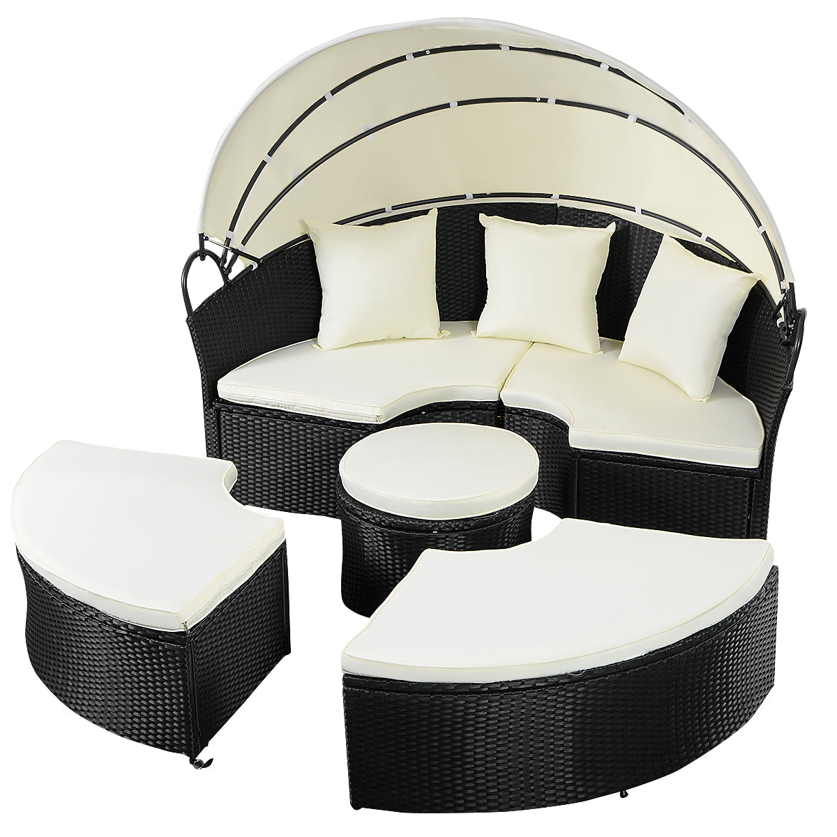 Patiojoy Patio Wicker Rattan Sofa Round Bed Outdoor  Furniture w/ Sunshade Canopy