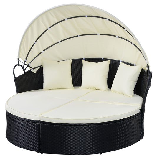 Patiojoy Outdoor Patio Wicker Rattan Sofa Round Bed Furniture w/ Canopy Cushion