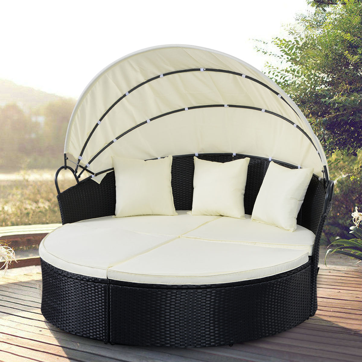 Patiojoy Outdoor Patio Wicker Rattan Sofa Round Bed Furniture w/ Canopy Cushion