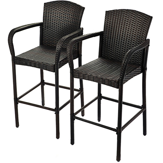 Patiojoy 2 PCS Bar Stool Rattan Wicker Dining Chair Armrest Patio Furniture