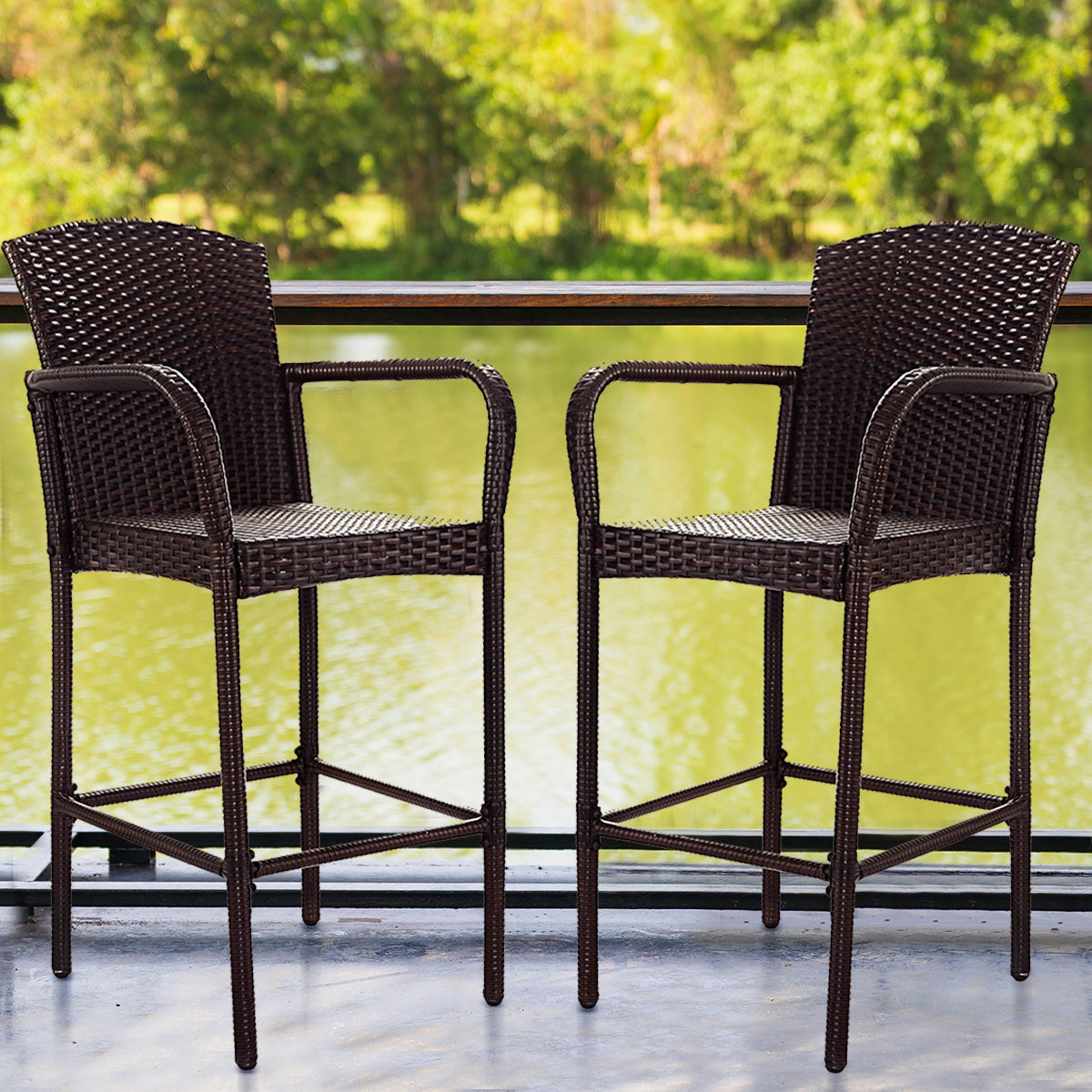 Patiojoy 2 PCS Bar Stool Rattan Wicker Dining Chair Armrest Patio Furniture