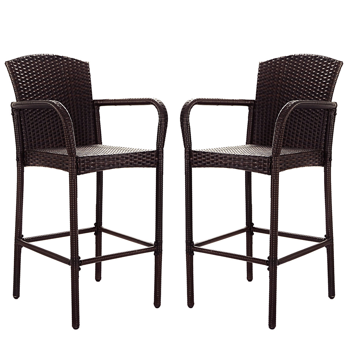 Patiojoy 2 PCS Bar Stool Rattan Wicker Dining Chair Armrest Patio Furniture
