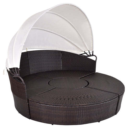 Patiojoy Patio Sofa Round Daybed Wicker Rattan Furniture Retractable Canopy Outdoor