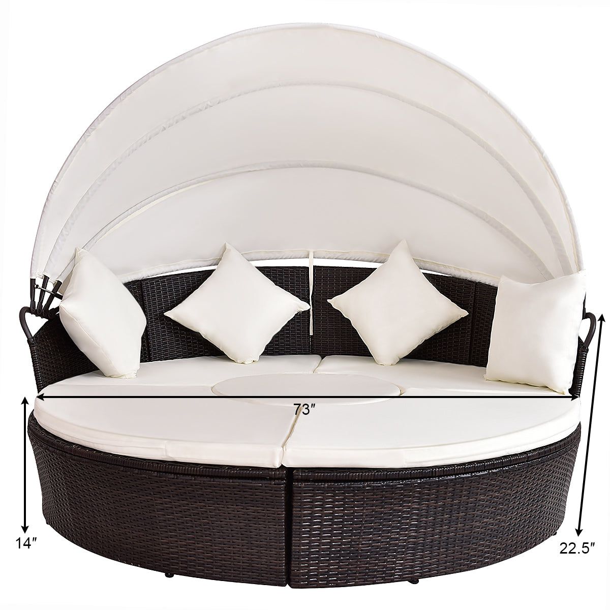 Patiojoy Patio Sofa Round Daybed Wicker Rattan Furniture Retractable Canopy Outdoor