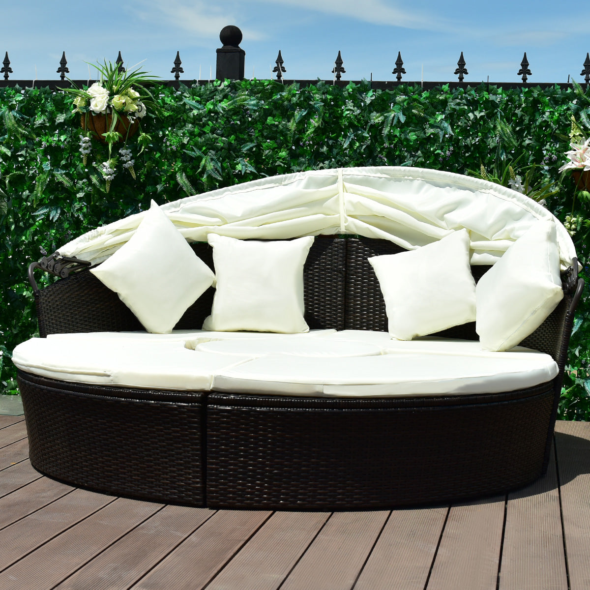 Patiojoy Patio Sofa Round Daybed Wicker Rattan Furniture Retractable Canopy Outdoor