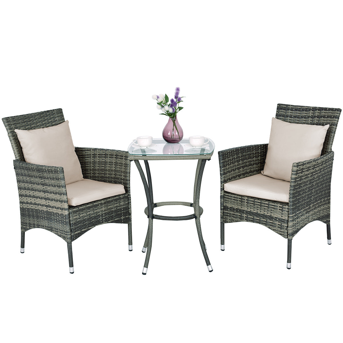 Patiojoy 3PCS Patio Furniture Set Rattan Wicker Coffee Table & Chairs Garden
