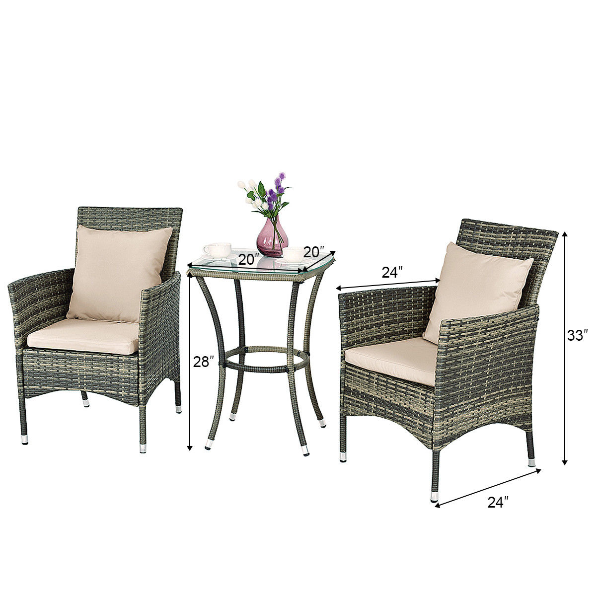 Patiojoy 3PCS Patio Furniture Set Rattan Wicker Coffee Table & Chairs Garden
