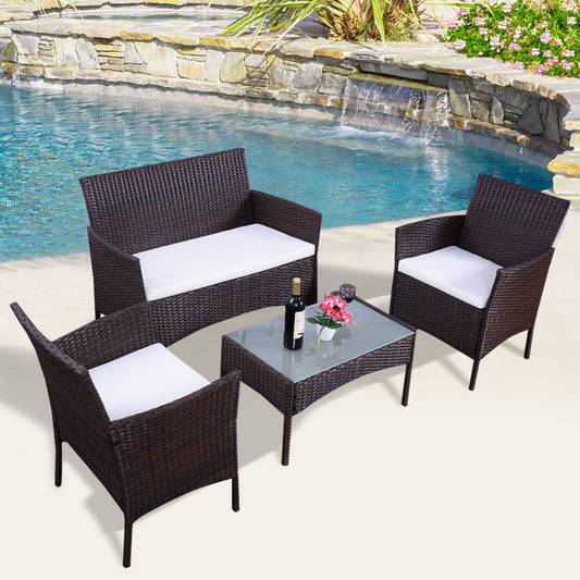 Patiojoy 4 PCS Patio Rattan Furniture Set Wicker Chair Sofa Table W/Cushion Outdoor Garden