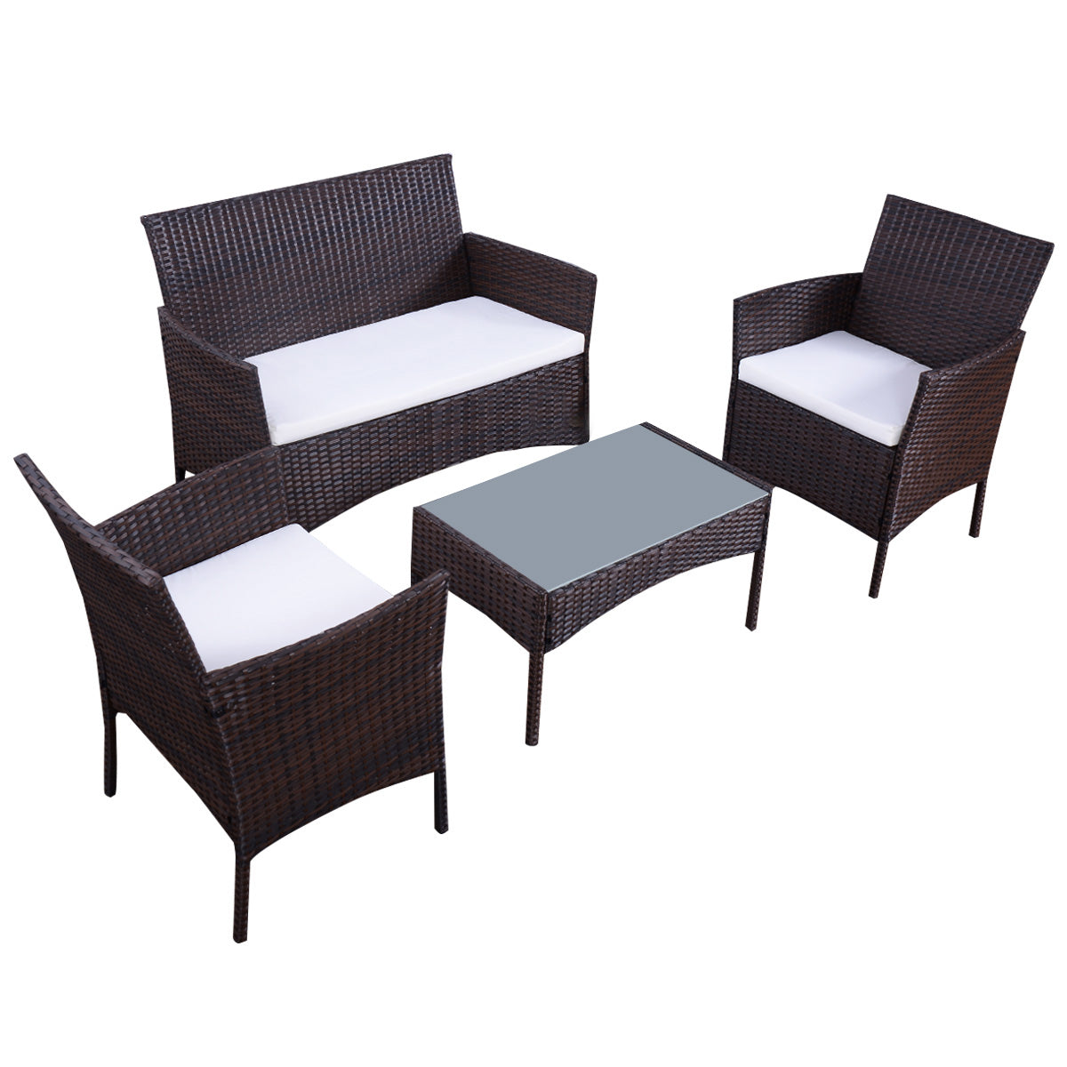 Patiojoy 4 PCS Patio Rattan Furniture Set Wicker Chair Sofa Table W/Cushion Outdoor Garden