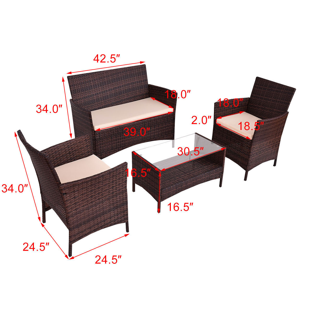 Patiojoy 4 PCS Patio Rattan Furniture Set Wicker Table Sofa Chair With Cushion Outdoor
