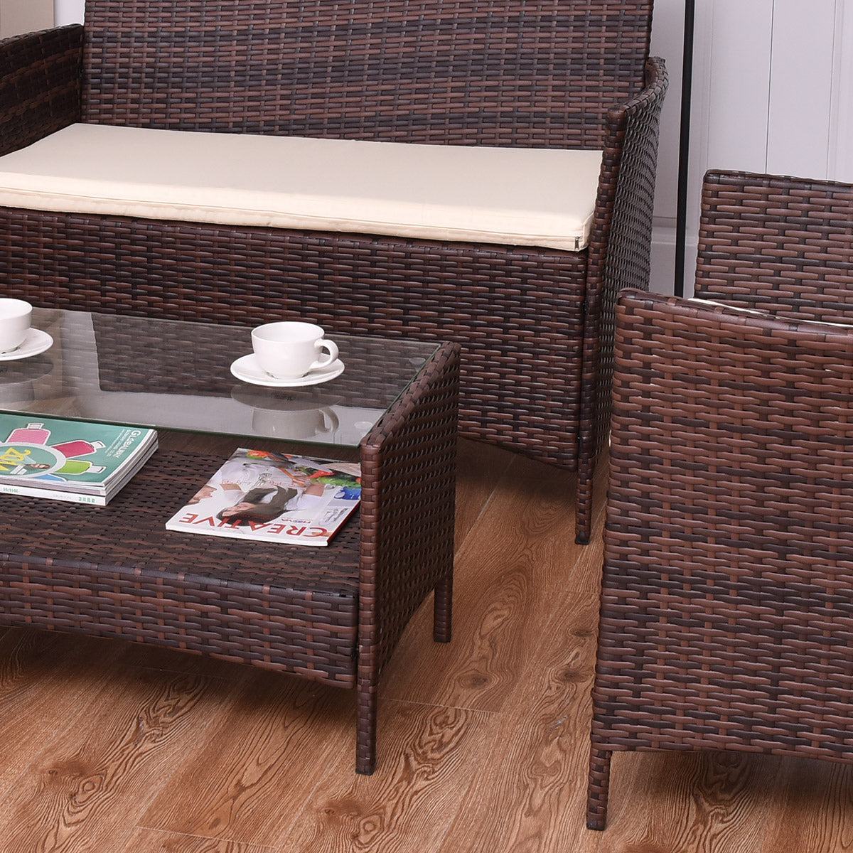 Patiojoy 4 PCS Patio Rattan Furniture Set Wicker Table Sofa Chair With Cushion Outdoor