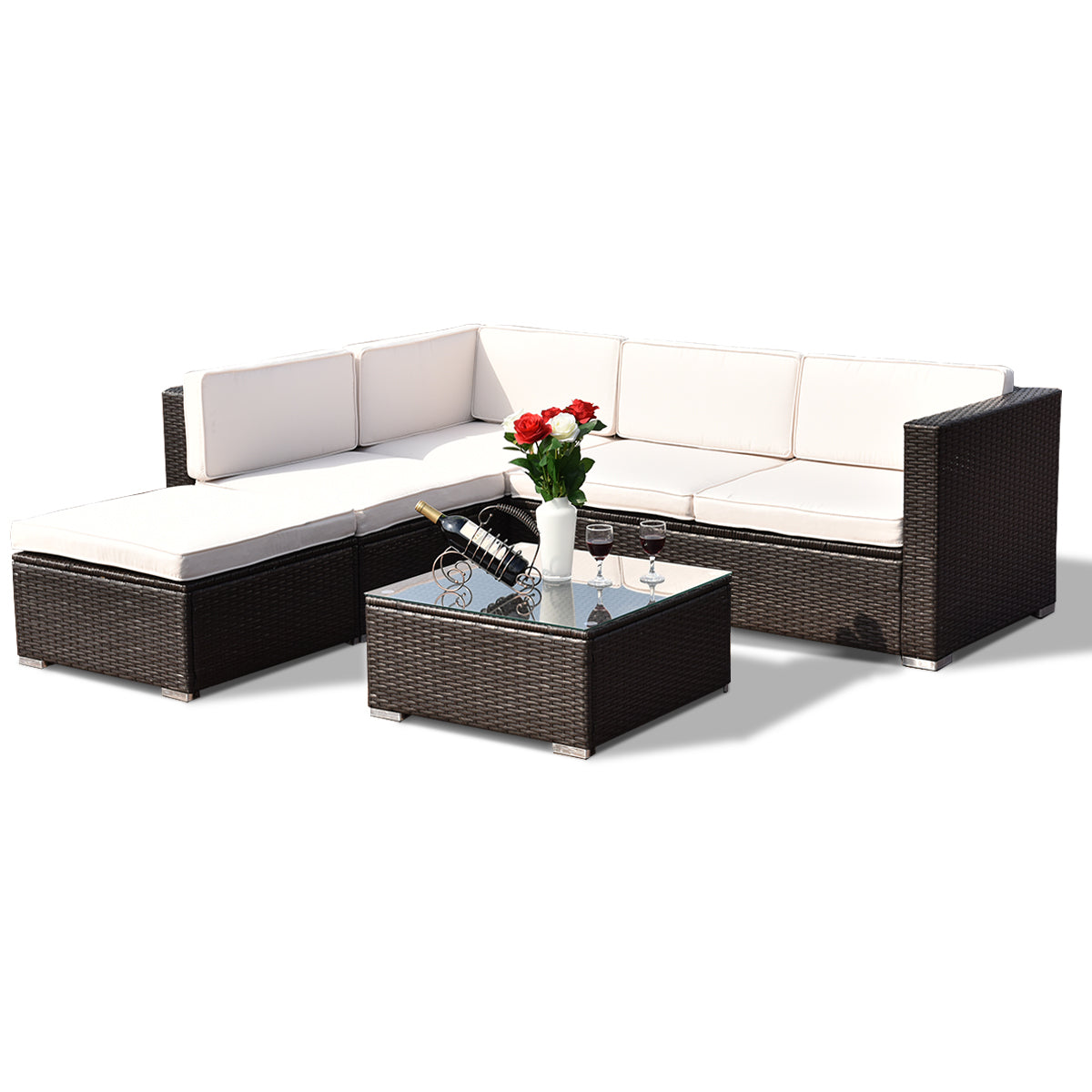 Patiojoy 4 PCS Outdoor Patio Rattan Furniture Set Wicker Loveseat Table Cushioned