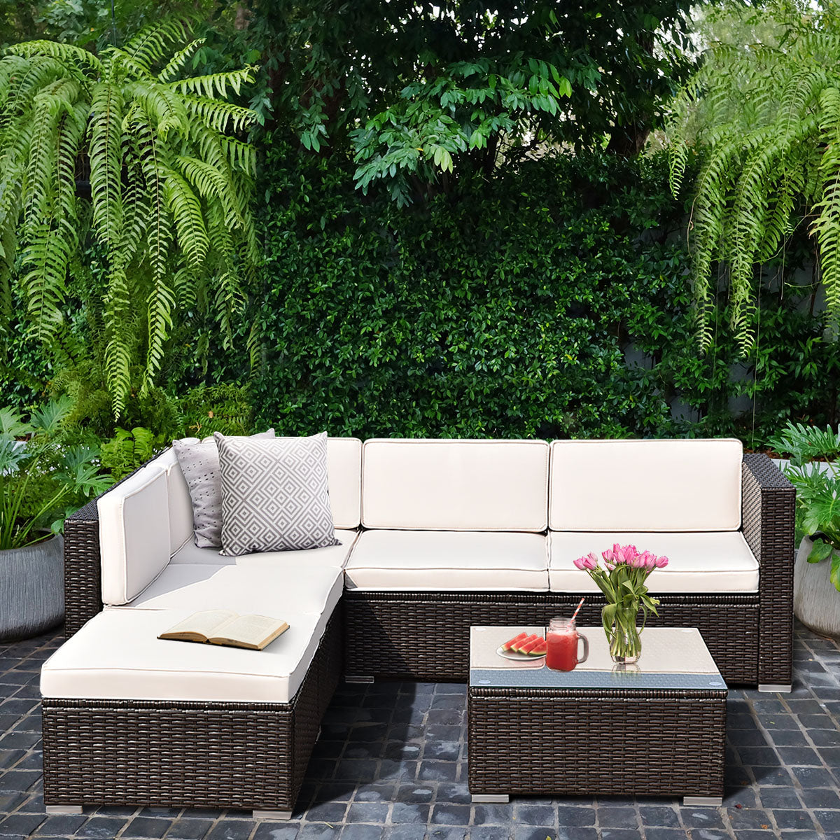 Patiojoy 4 PCS Outdoor Patio Rattan Furniture Set Wicker Loveseat Table Cushioned