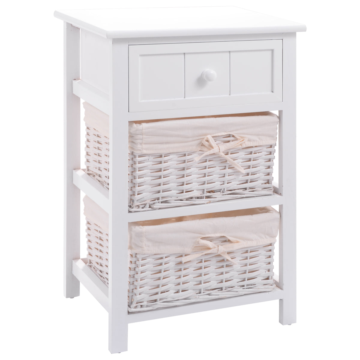 Topbuy 3 Layer Drawer Bed Side Wood Table Storage Drawer Units End Table Organizer W/2 Rattan Basket