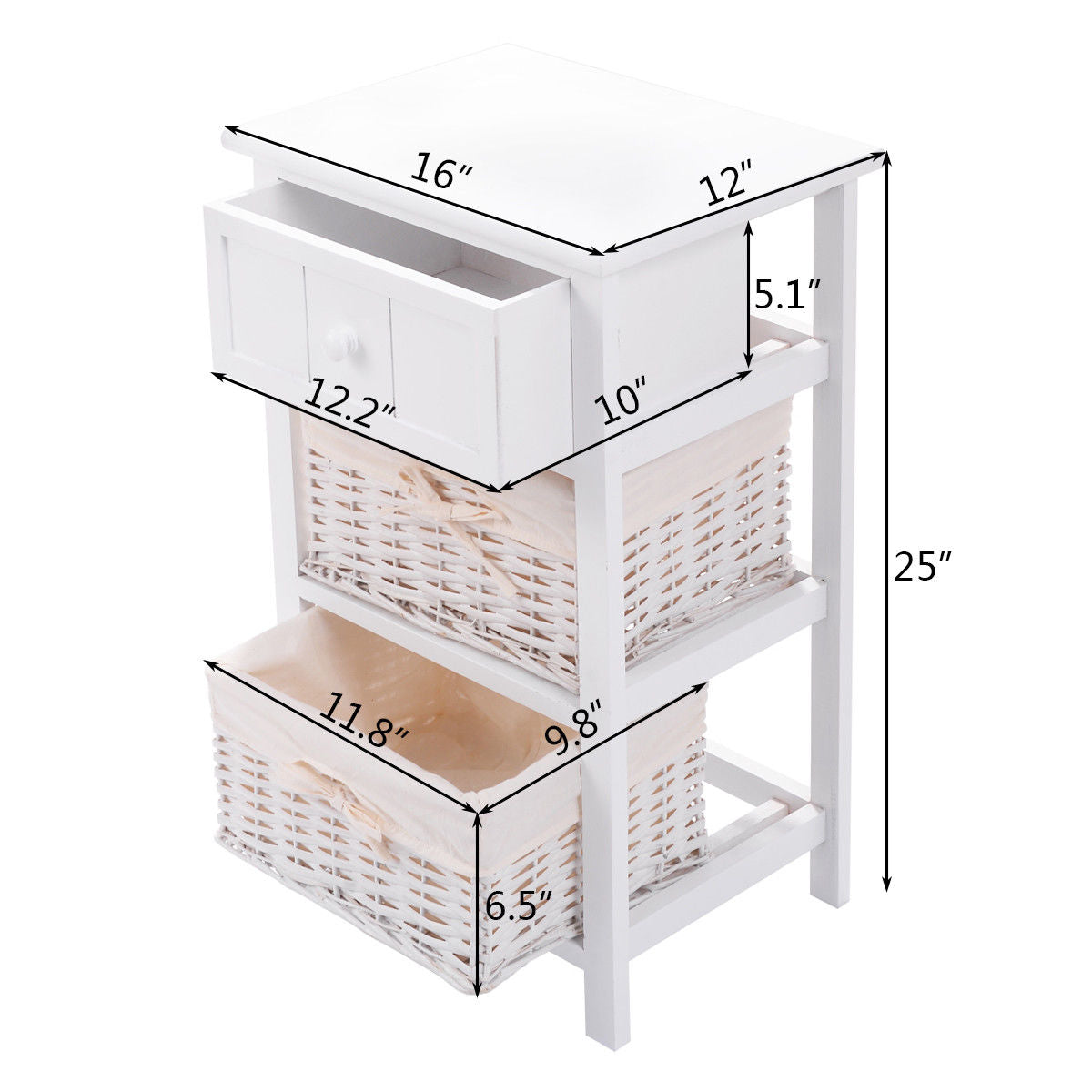 Topbuy 3 Layer Drawer Bed Side Wood Table Storage Drawer Units End Table Organizer W/2 Rattan Basket