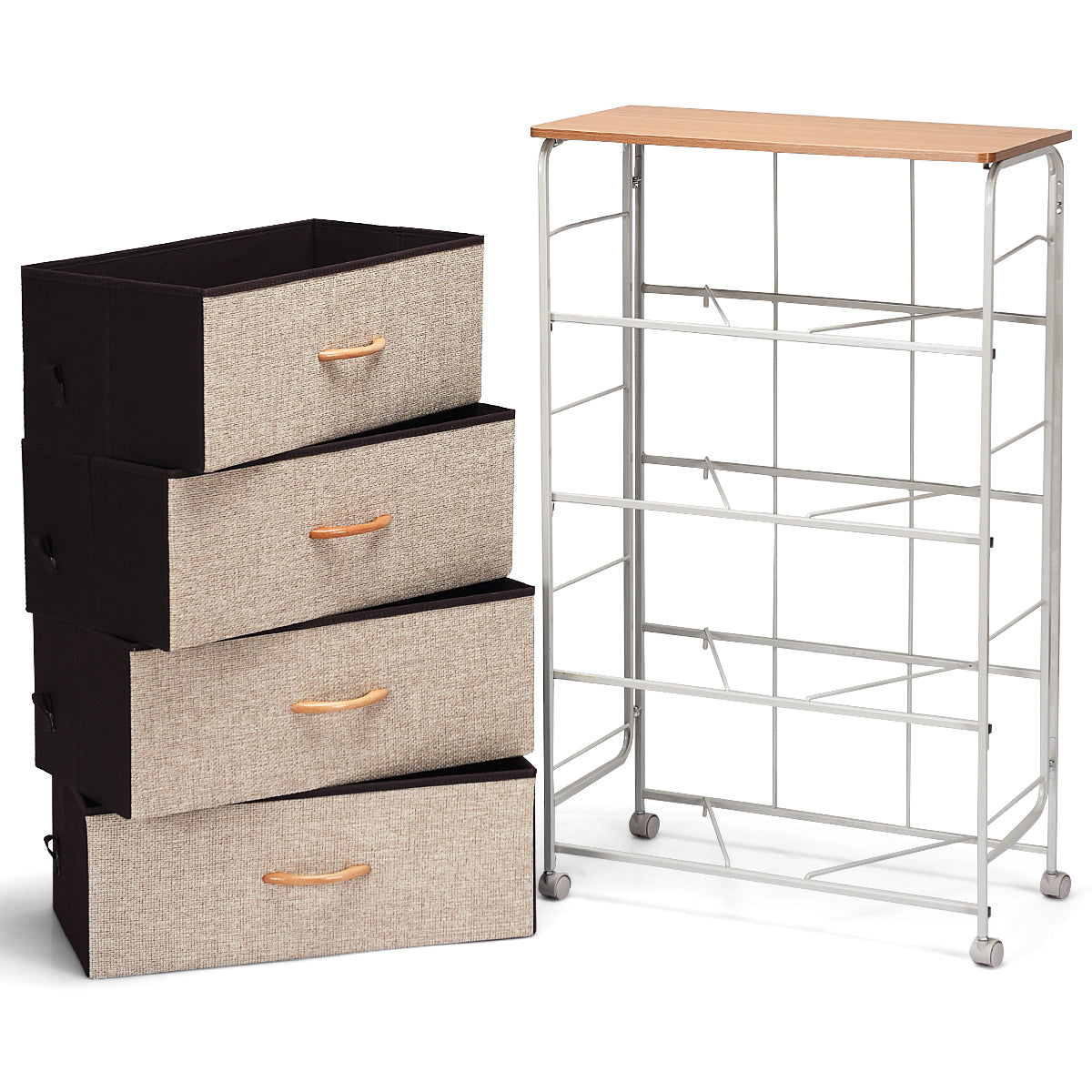 Topbuy 4-drawer Fabric Side Table Bed Sofa Side Storage Drawer Units Wood Organizer W/ 4 Basket