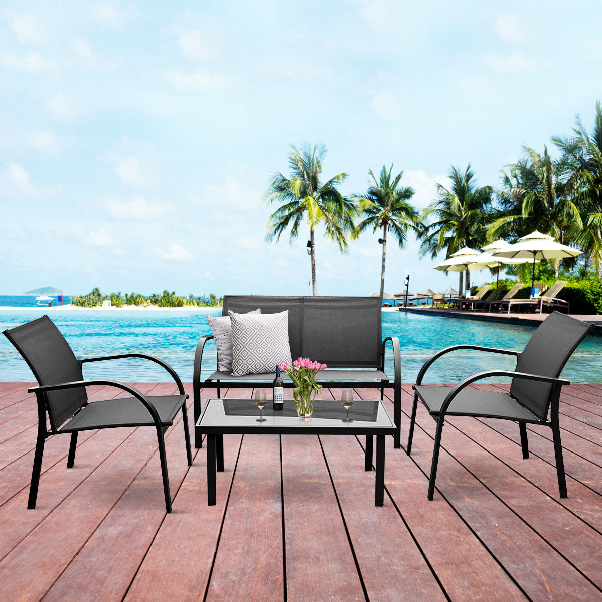 Topbuy 4PCS Patio Chairs Table Set Garden Furniture Garden Sofa for Outdoor Lawn Sofa Gray