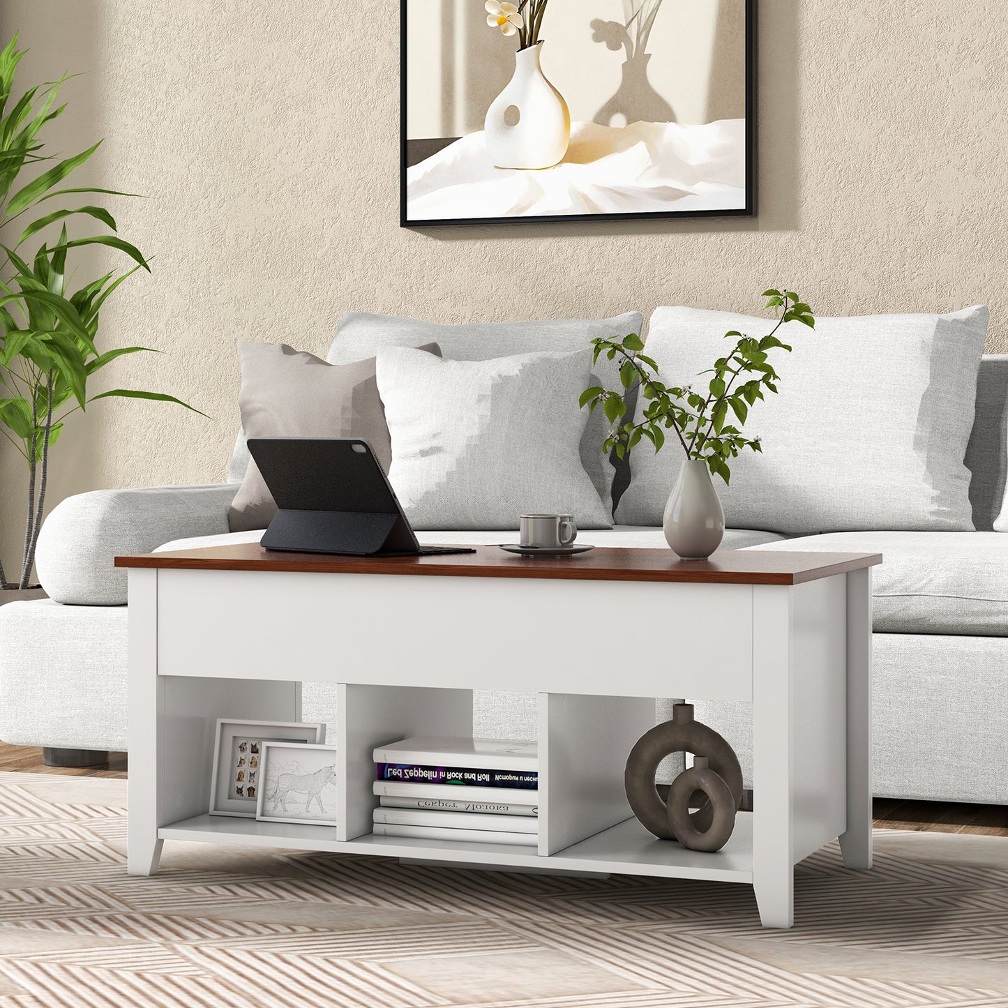 Topbuy Height Adjustable Wood Table Coffee Desk Teapoy Hidden Compartment for Living Room Brown