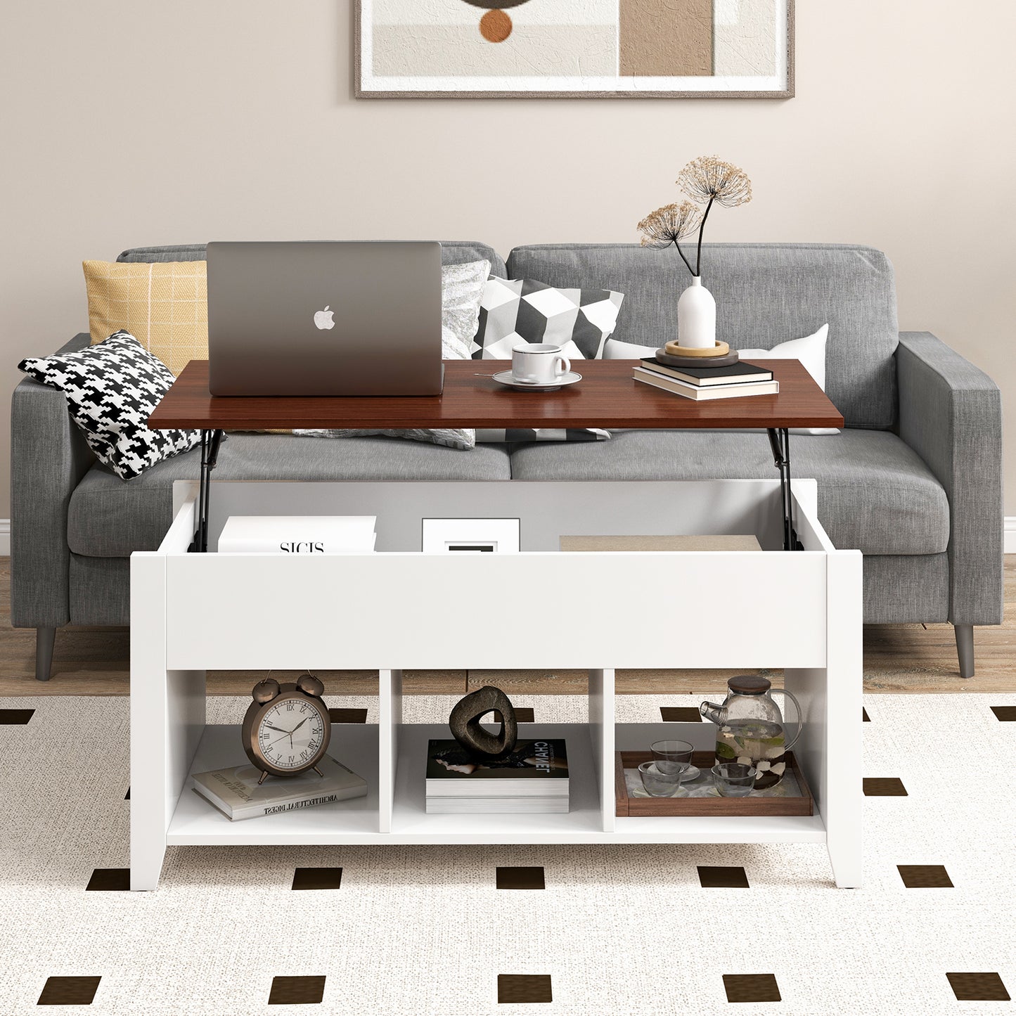 Topbuy Height Adjustable Wood Table Coffee Desk Teapoy Hidden Compartment for Living Room Brown