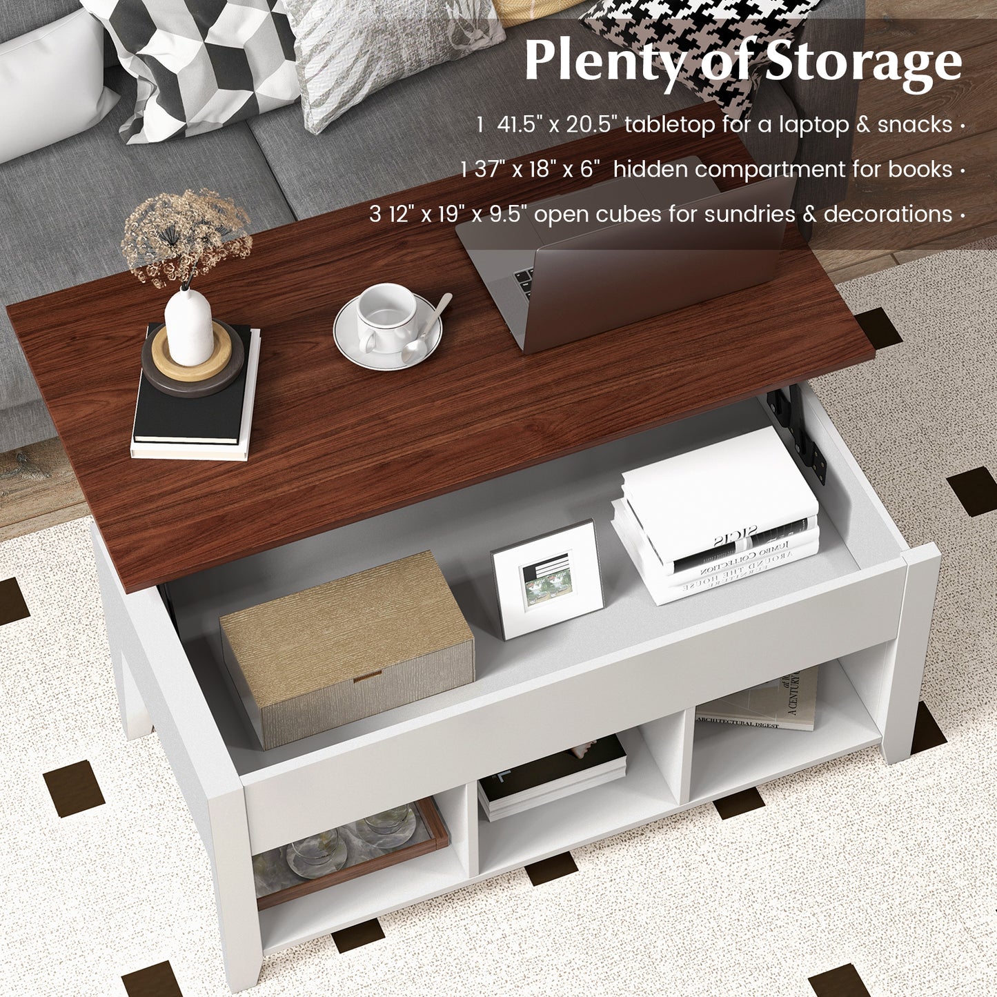 Topbuy Height Adjustable Wood Table Coffee Desk Teapoy Hidden Compartment for Living Room Brown