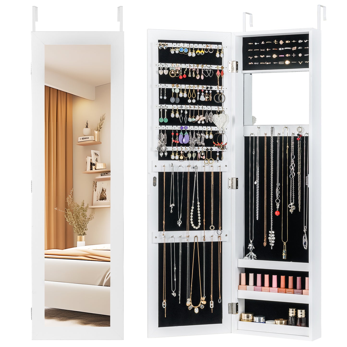 Topbuy Jewelry Cabinet Wall or Door Mounted Jewelry Armoire w/Full-Length Mirror & Interior Makeup Mirror White