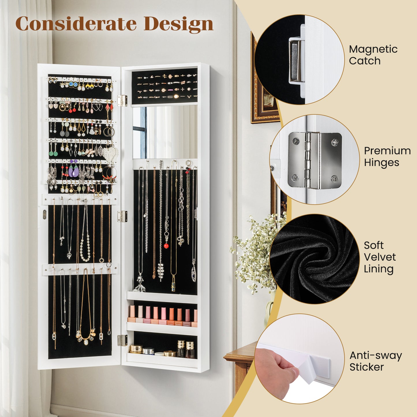 Topbuy Jewelry Cabinet Wall or Door Mounted Jewelry Armoire w/Full-Length Mirror & Interior Makeup Mirror White