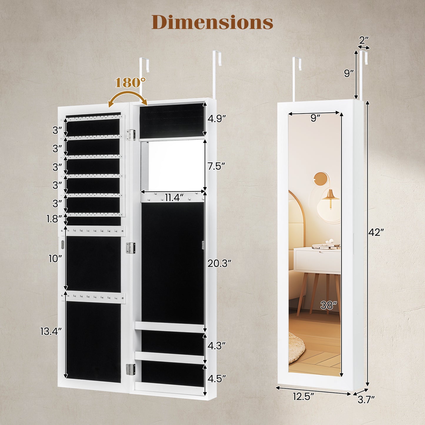 Topbuy Jewelry Cabinet Wall or Door Mounted Jewelry Armoire w/Full-Length Mirror & Interior Makeup Mirror White