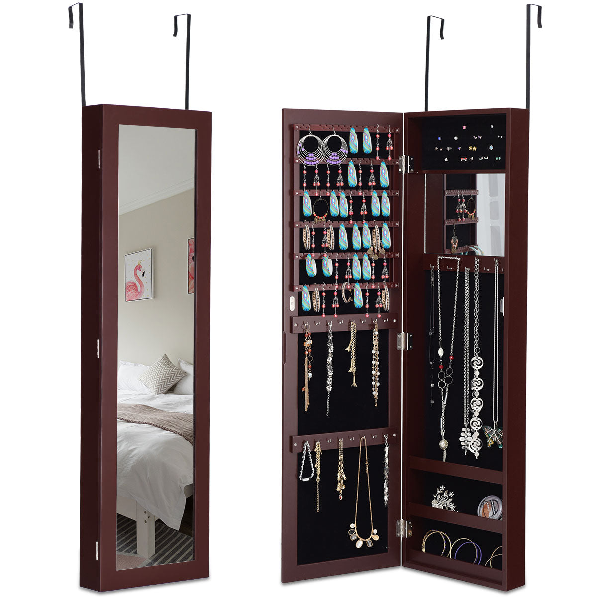 Topbuy Jewelry Cabinet Wall or Door Mounted Jewelry Armoire w/Full-Length Mirror & Interior Makeup Mirror White