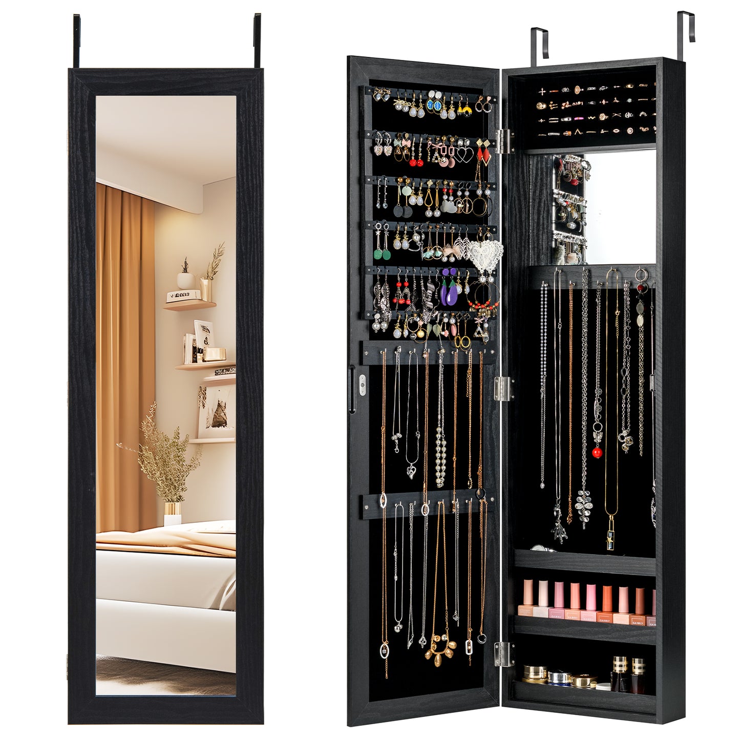 Topbuy Jewelry Cabinet Wall or Door Mounted Jewelry Armoire w/Full-Length Mirror & Interior Makeup Mirror White