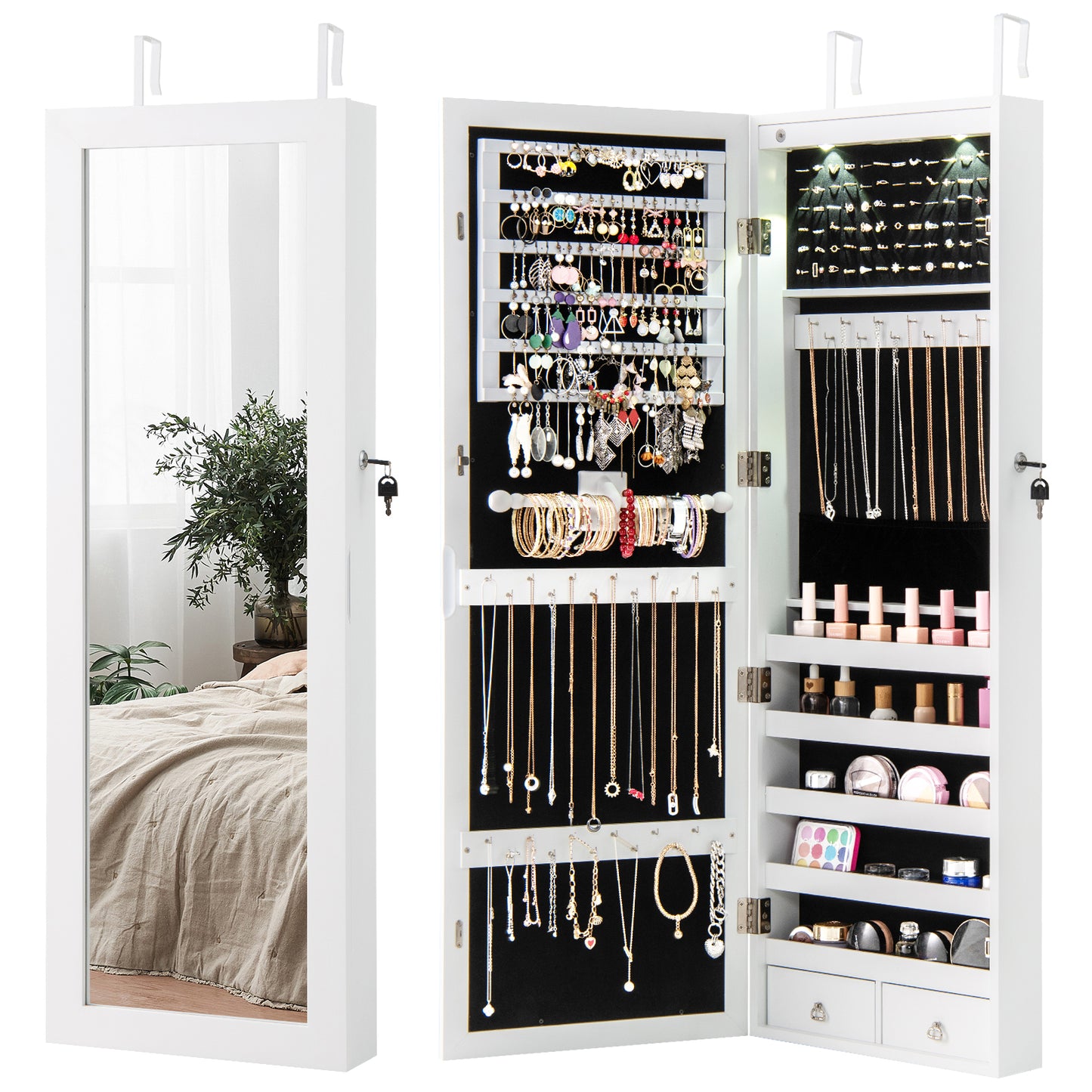 Topbuy Lockable Wall Door Mount Mirrored Cabinet Jewelry Organizer w/ LED Lights