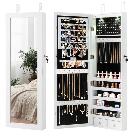 Topbuy Lockable Wall Door Mount Mirrored Cabinet Jewelry Organizer w/ LED Lights