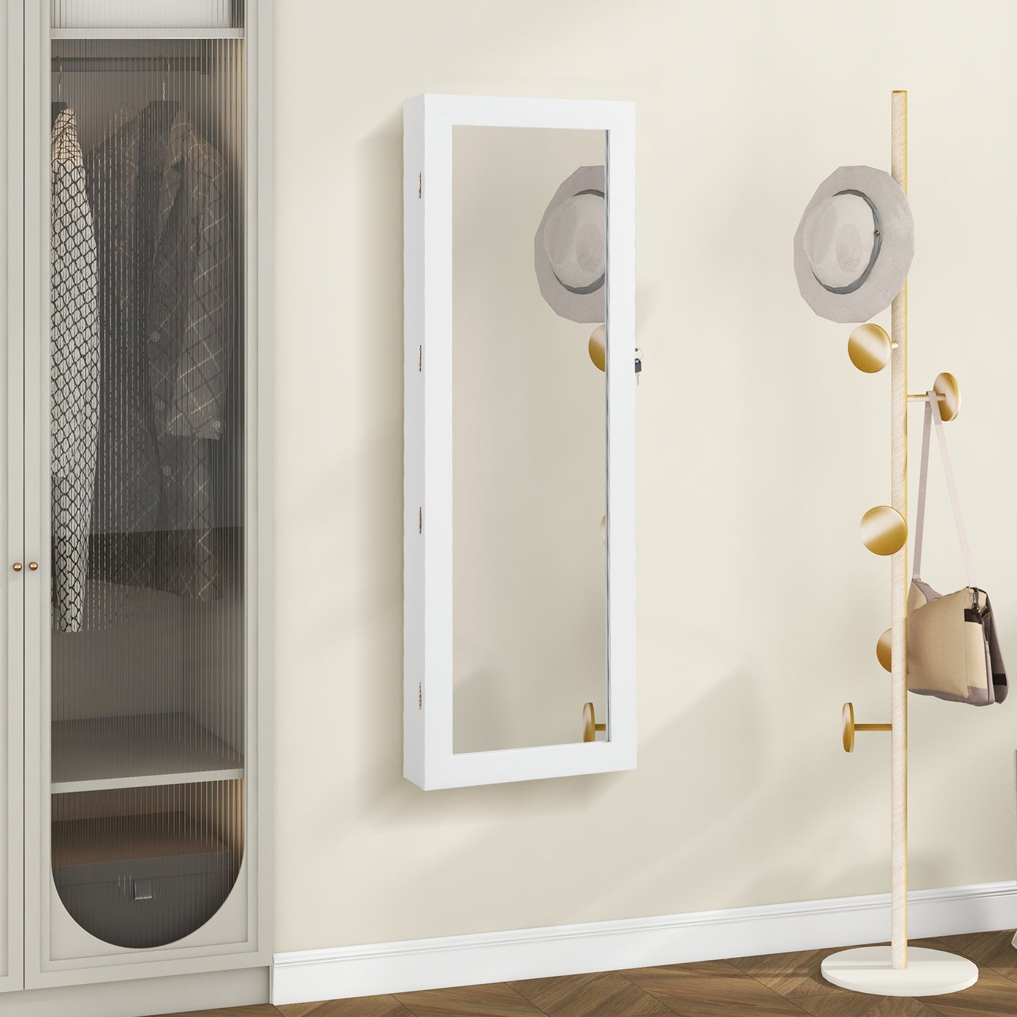 Topbuy Lockable Wall Door Mount Mirrored Cabinet Jewelry Organizer w/ LED Lights
