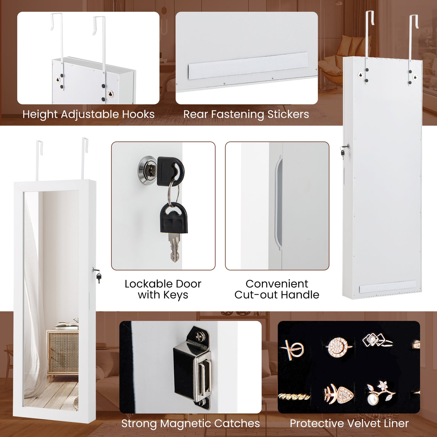 Topbuy Lockable Wall Door Mount Mirrored Cabinet Jewelry Organizer w/ LED Lights
