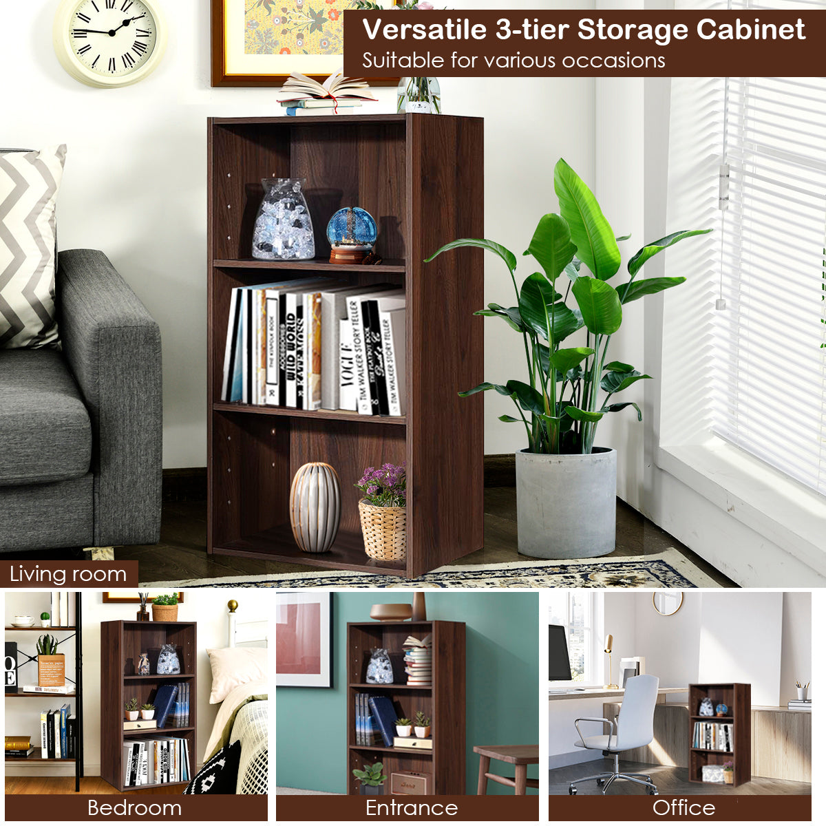 Topbuy 3-Tier Storage Cabinet Multi-functional Display Open shelf Bookcase MDF