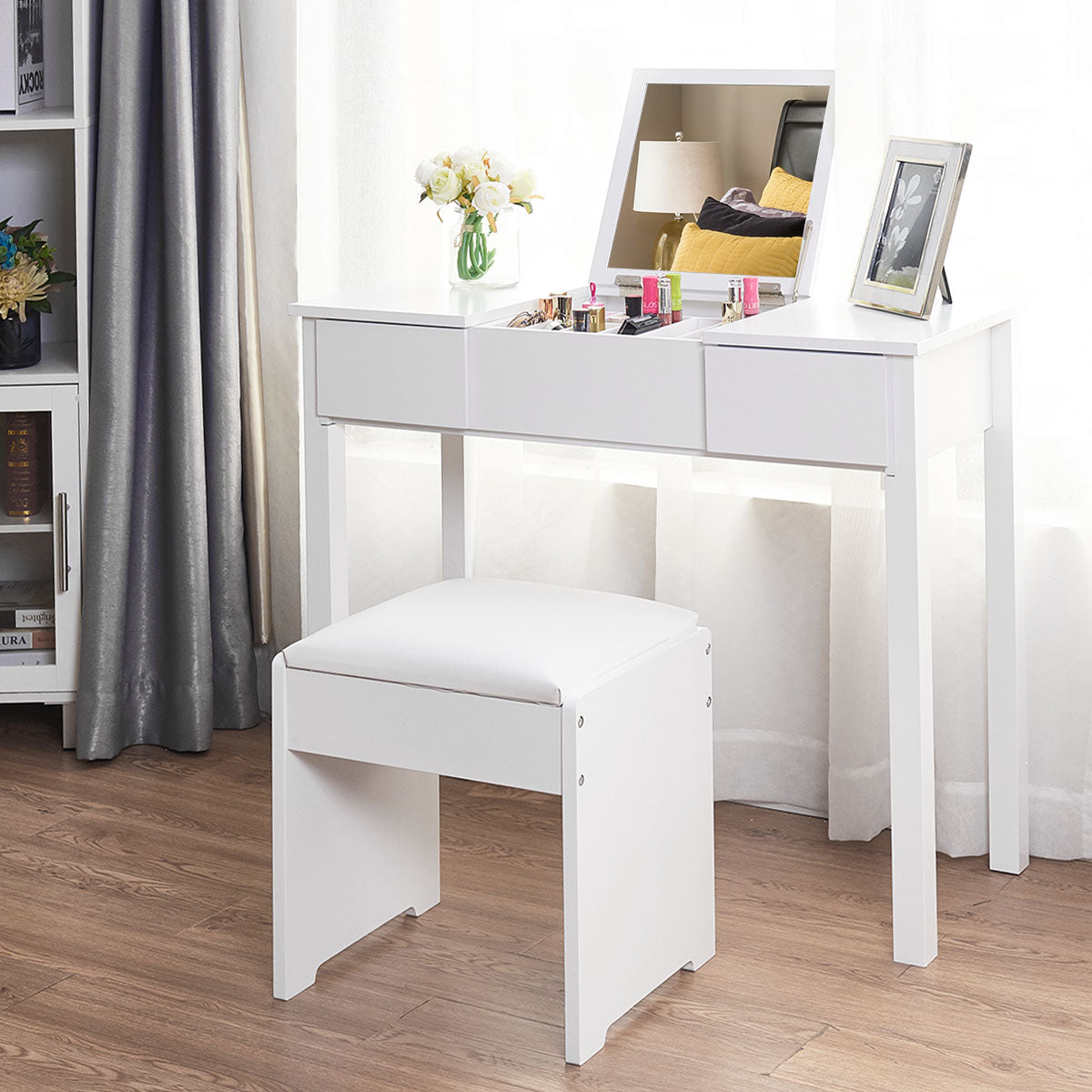 Topbuy 2 Drawers Make-up Mirror Set Vanity Dressing Table Flip-type Desktop with Stool White