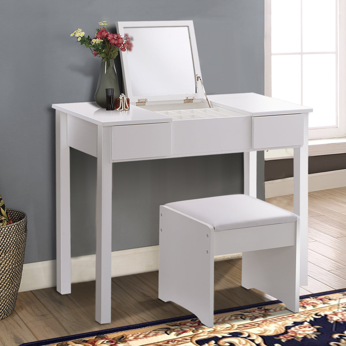 Topbuy 2 Drawers Make-up Mirror Set Vanity Dressing Table Flip-type Desktop with Stool White